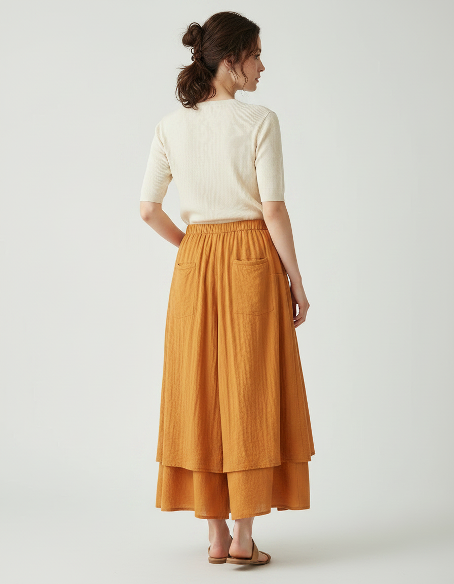 Pantalon Jupe Orange Lin Ample Superposé Plissé Femme - vue 2