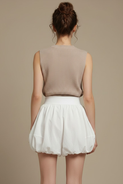 Pantalon Jupe Blanc Ballon Taille Haute Ample Court - Coton - vue 2