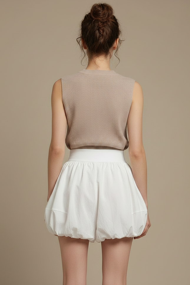 Pantalon Jupe Blanc Ballon Taille Haute Ample Court - Coton - vue 2