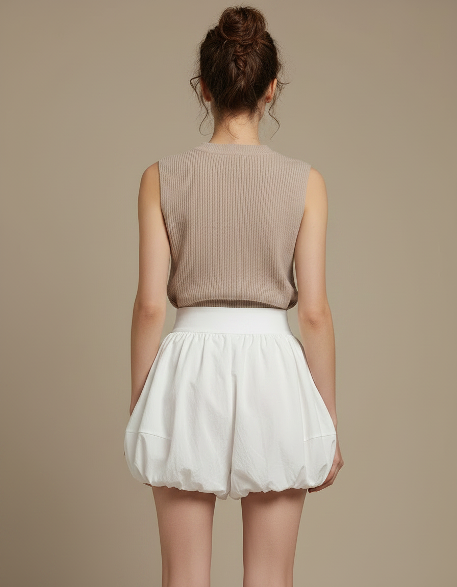 Pantalon Jupe Blanc Ballon Taille Haute Ample Court - Coton - vue 2