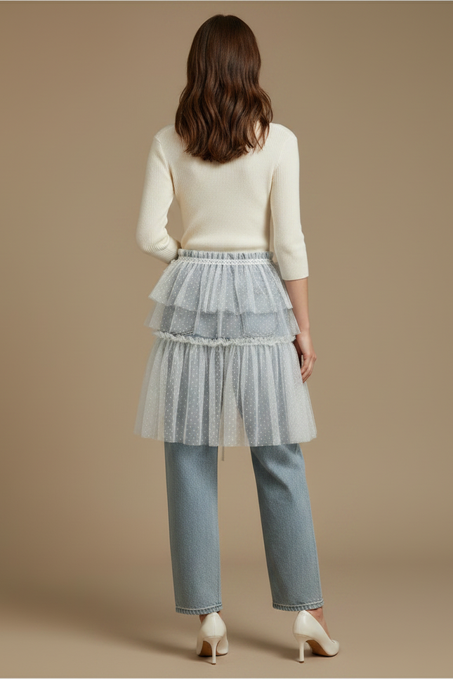 Pantalon Jupe Bleu Tulle Superposé Pois Blanc - Jean - vue 2