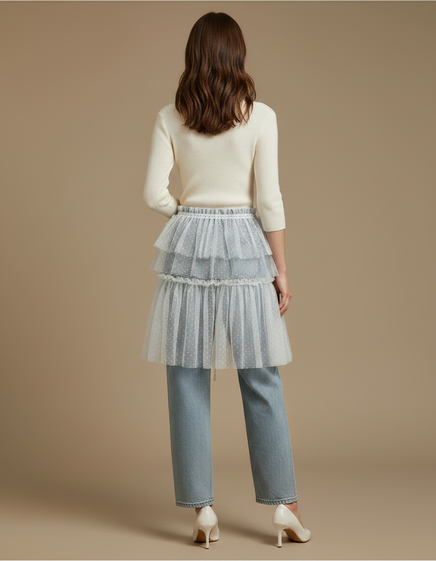 Pantalon Jupe Bleu Tulle Superposé Pois Blanc - Jean - vue 2