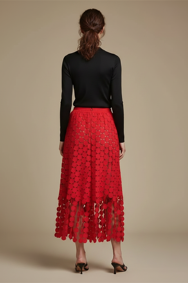 Pantalon Jupe Rouge Cercles Dentelle Transparente Fluide Élégant - Polyester - vue 2