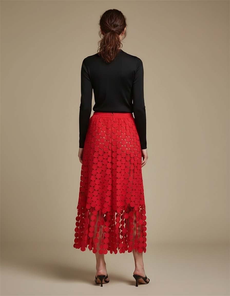 Pantalon Jupe Rouge Cercles Dentelle Transparente Fluide Élégant - Polyester - vue 2