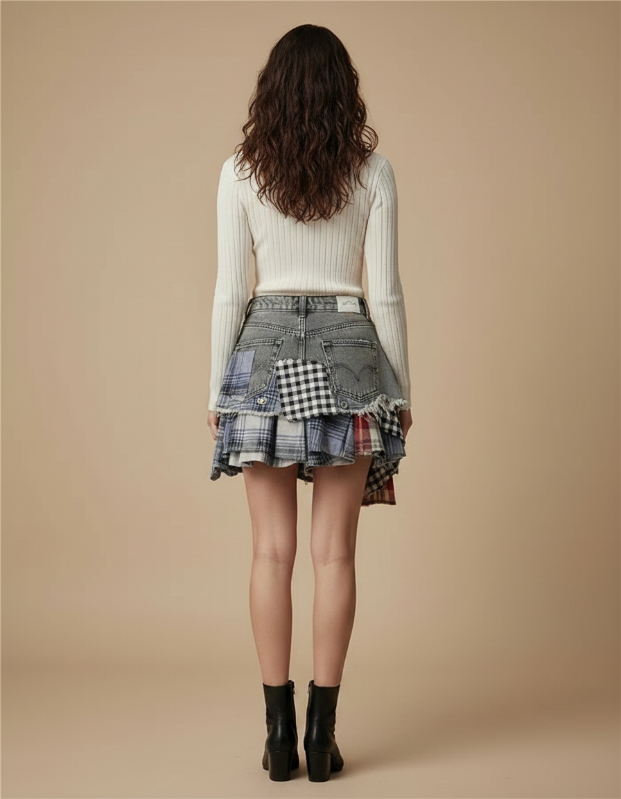 Pantalon Jupe Denim Patchwork Asymétrique Carreaux Effiloché Mini - Multicolore Jean - vue 2