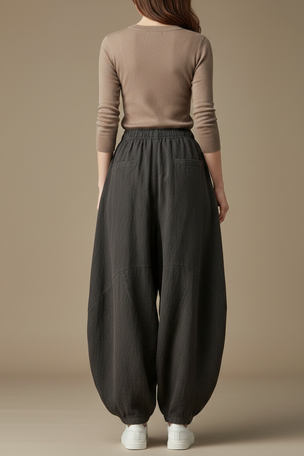 Pantalon Jupe Ample Lin Gris Confortable Élastique - vue 2