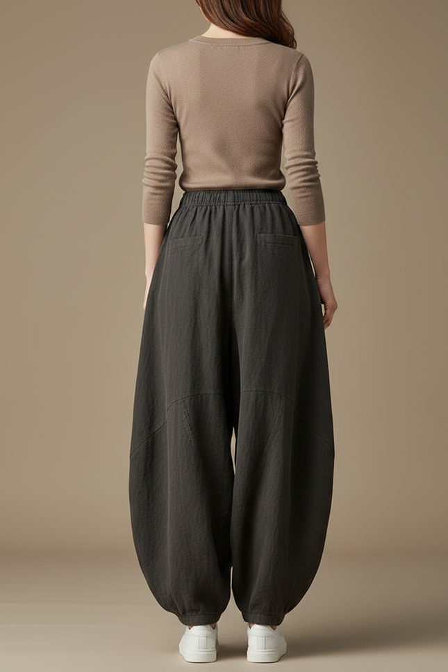 Pantalon Jupe Ample Lin Gris Confortable Élastique - vue 2