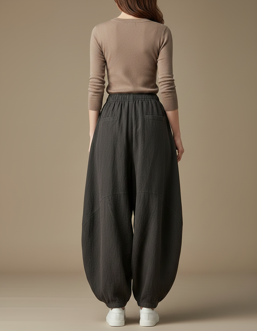 Pantalon Jupe Ample Lin Gris Confortable Élastique - vue 2