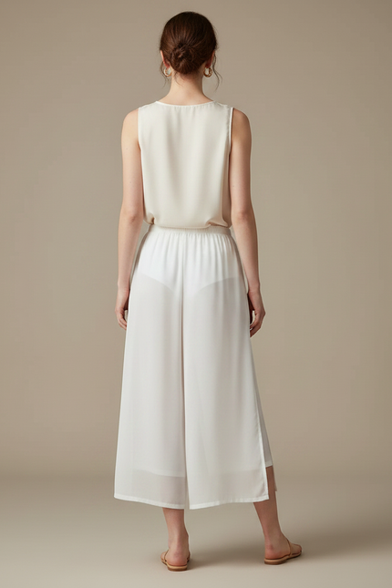 Pantalon Jupe Blanc Fluide Ample Fendu Léger Élégant - Soie - vue 2