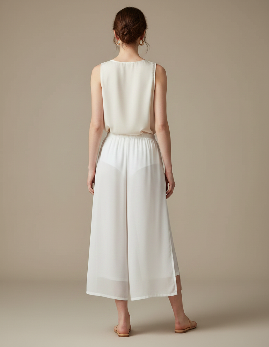 Pantalon Jupe Blanc Fluide Ample Fendu Léger Élégant - Soie - vue 2