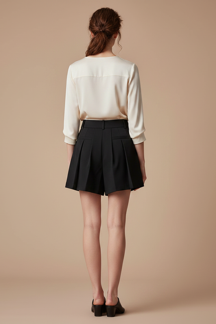 Pantalon Jupe Noir Plissé Mini Élégant Chic - Gabardine - vue 2