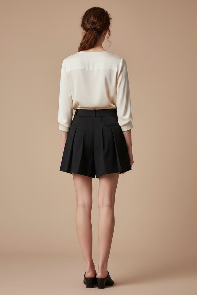 Pantalon Jupe Noir Plissé Mini Élégant Chic - Gabardine - vue 2
