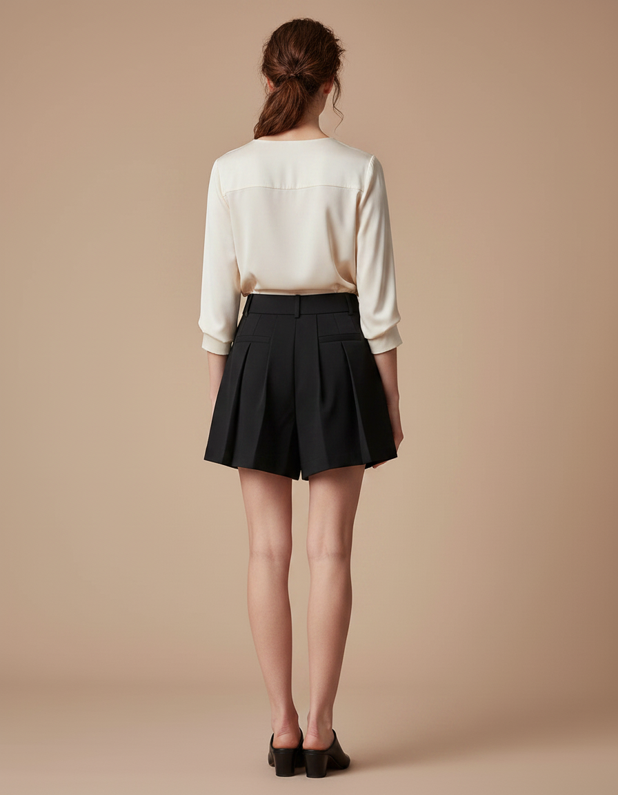 Pantalon Jupe Noir Plissé Mini Élégant Chic - Gabardine - vue 2