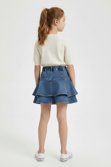 Pantalon Jupe Denim Bleu Superposé Volants Fille - Jean - vue 2