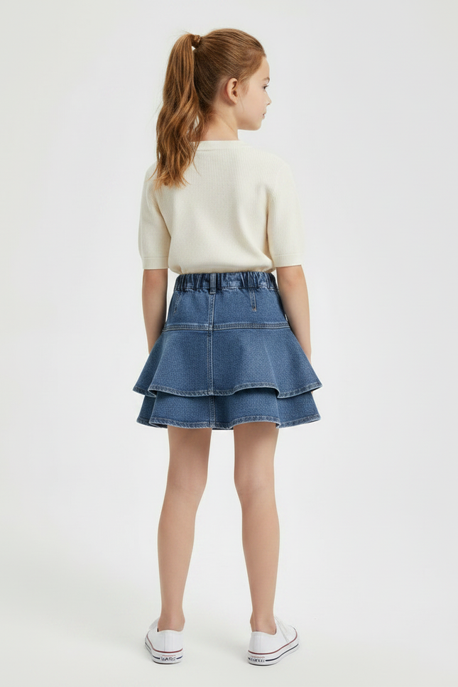 Pantalon Jupe Denim Bleu Superposé Volants Fille - Jean - vue 2