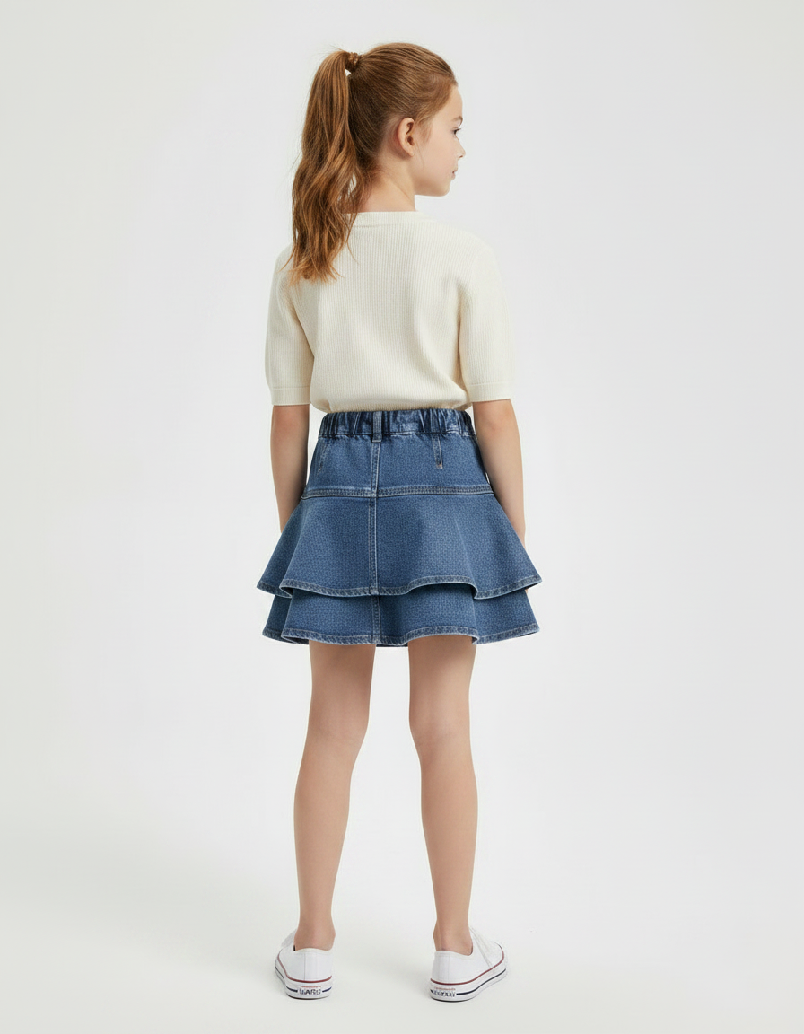 Pantalon Jupe Denim Bleu Superposé Volants Fille - Jean - vue 2