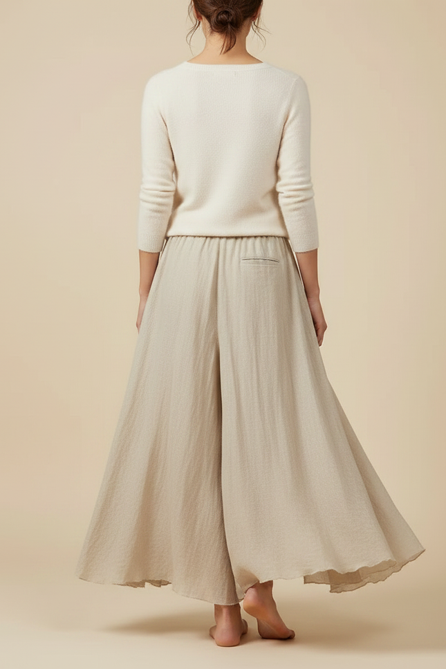 Pantalon Jupe Beige Lin Ample Plissé Fluide Femme - vue 2