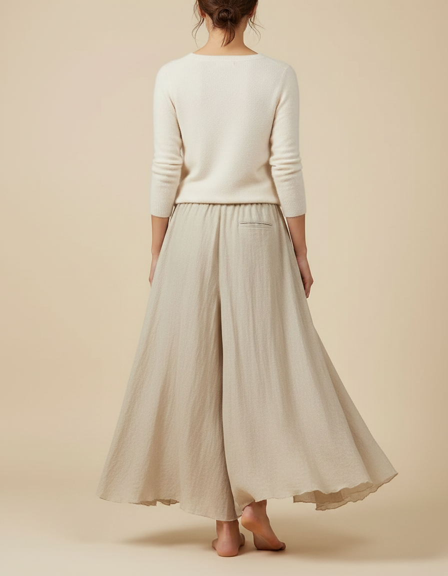 Pantalon Jupe Beige Lin Ample Plissé Fluide Femme - vue 2