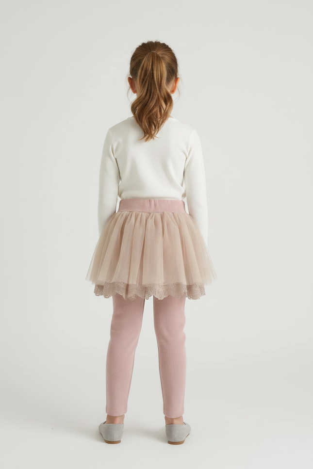 Pantalon Jupe Rose Poudré Tulle Côtelé Superposé Fille - Cordé - vue 2