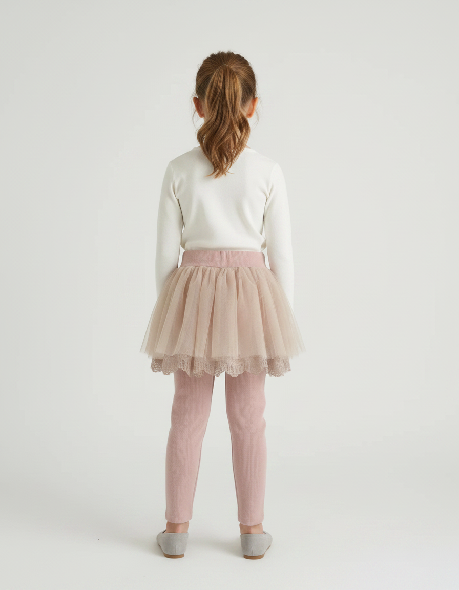 Pantalon Jupe Rose Poudré Tulle Côtelé Superposé Fille - Cordé - vue 2