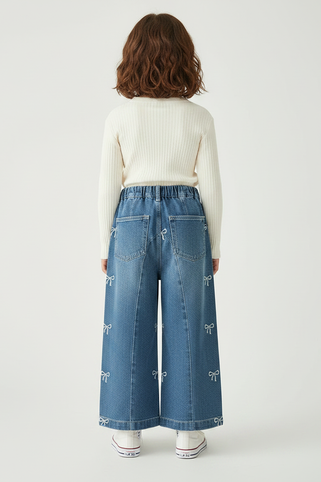 Pantalon Jupe Denim Ample Imprimé Nœuds Fille - Bleu Jean - vue 2