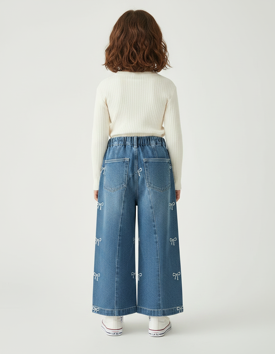 Pantalon Jupe Denim Ample Imprimé Nœuds Fille - Bleu Jean - vue 2