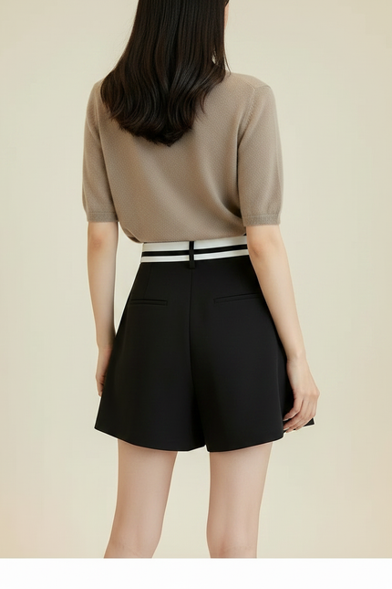 Pantalon Jupe Noir Plissé Taille Haute Rayures - Polyester - vue 2
