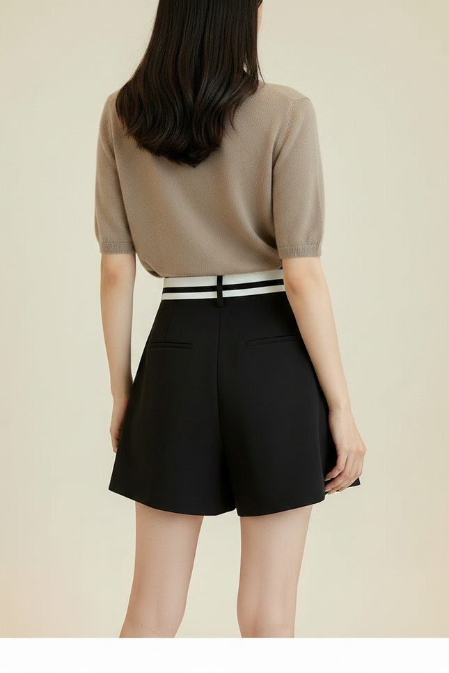 Pantalon Jupe Noir Plissé Taille Haute Rayures - Polyester - vue 2