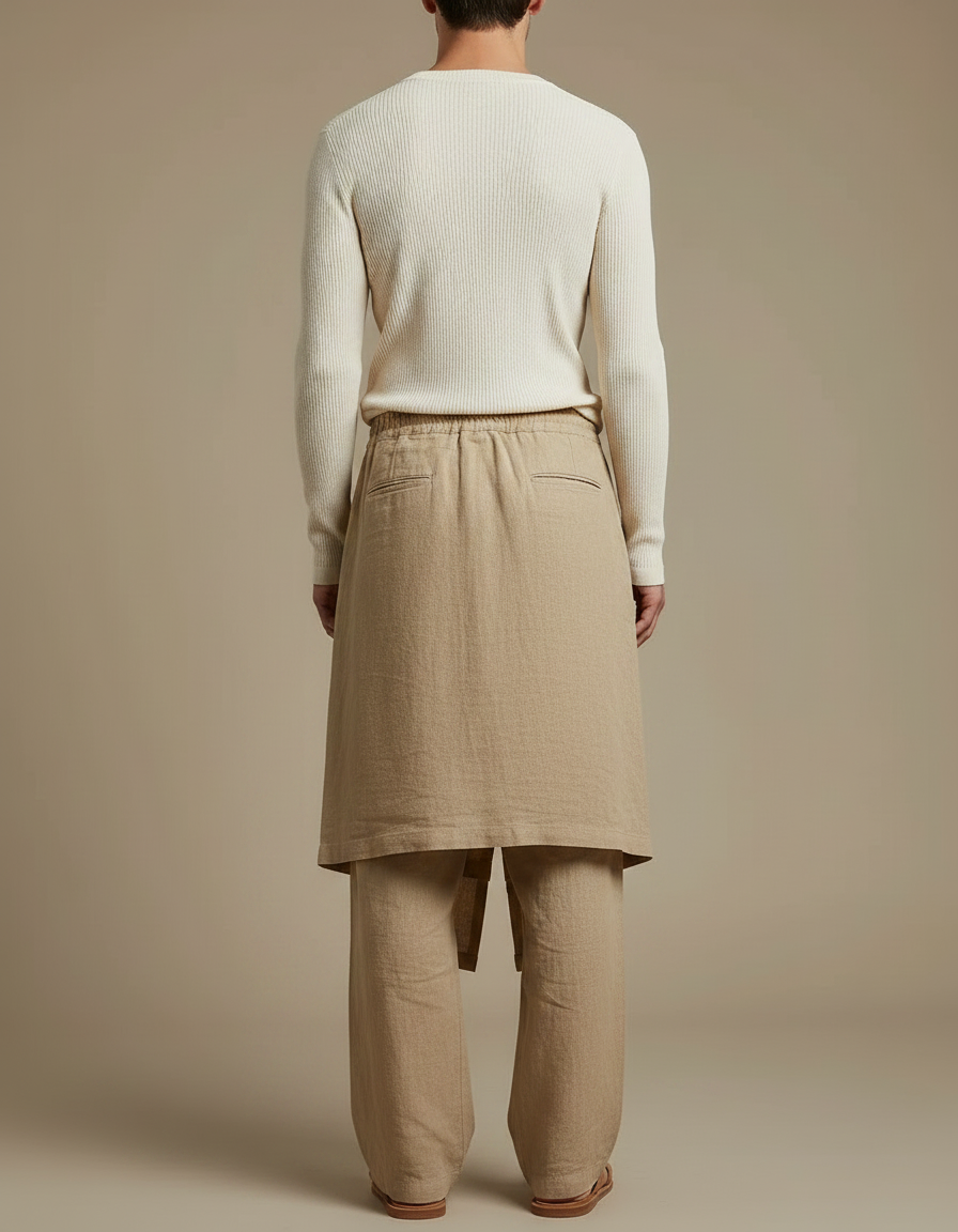 Pantalon Jupe Beige Lin Ample Asymétrique Homme - vue 2