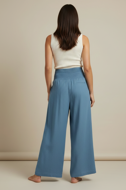 Pantalon Jupe Bleu Fluide Ample Smocké Décontracté - Lin - vue 2