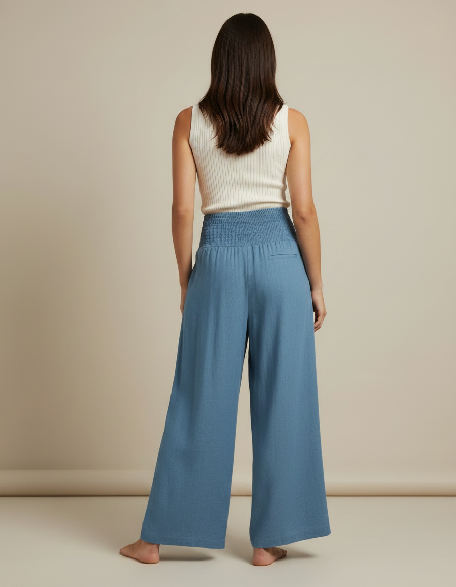 Pantalon Jupe Bleu Fluide Ample Smocké Décontracté - Lin - vue 2