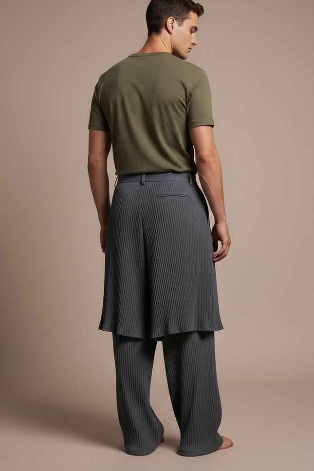 Pantalon Jupe Plissé Gris Ample Élégant Homme - Polyester - vue 2