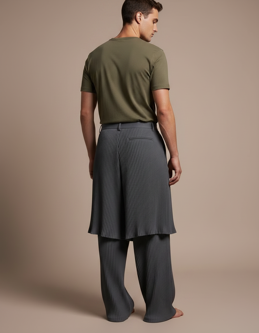Pantalon Jupe Plissé Gris Ample Élégant Homme - Polyester - vue 2