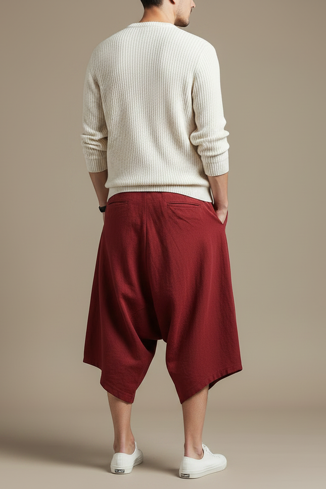 Pantalon Jupe Coton Lin Ample Rouge Homme - vue 2