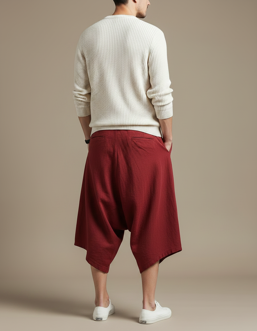 Pantalon Jupe Coton Lin Ample Rouge Homme - vue 2