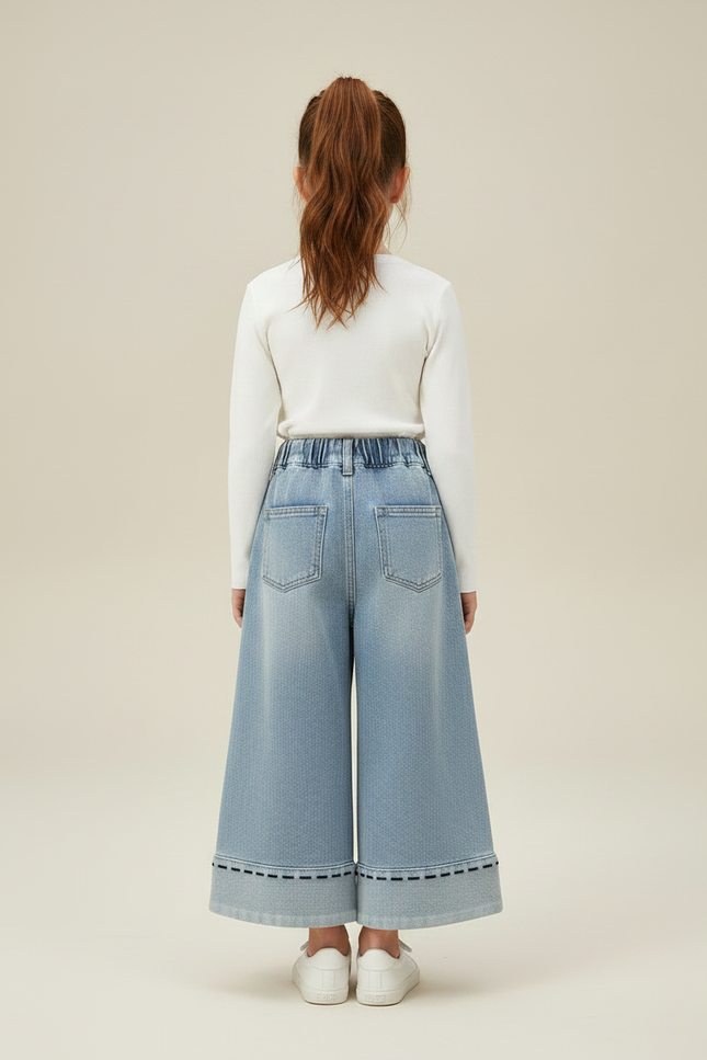 Pantalon Jupe Denim Ample Élastique Brodé Fille - Bleu Jean - vue 2