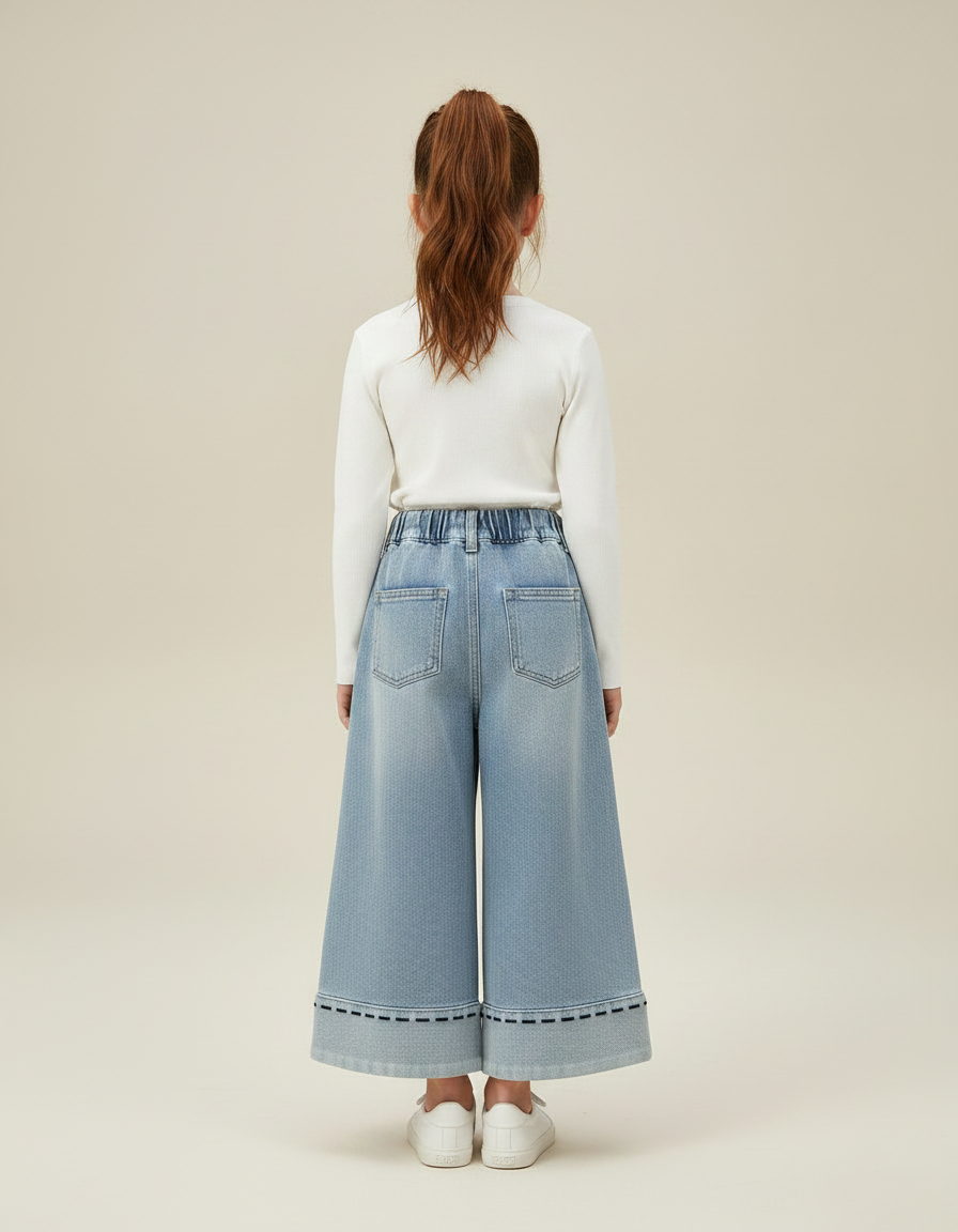 Pantalon Jupe Denim Ample Élastique Brodé Fille - Bleu Jean - vue 2