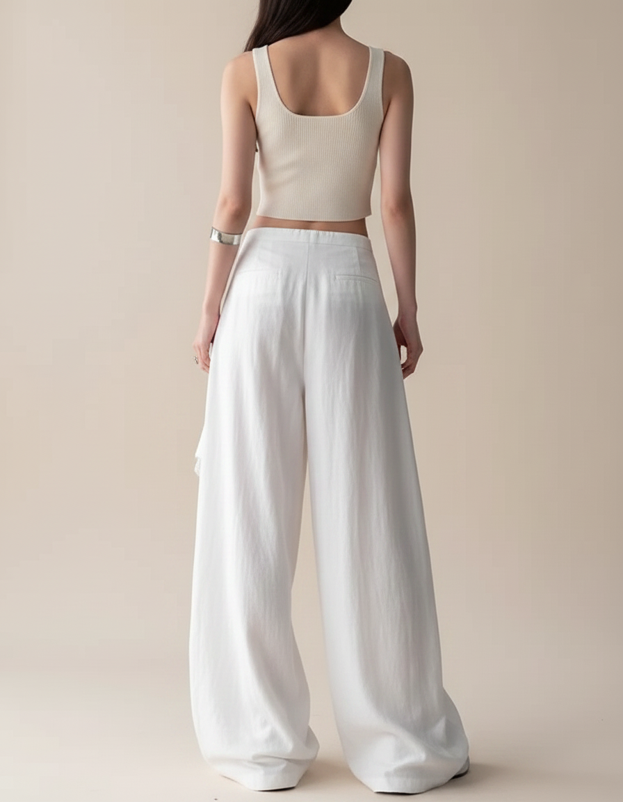 Pantalon Jupe Blanc Fluide Ample Dentelle Asymétrique - Lin - vue 2