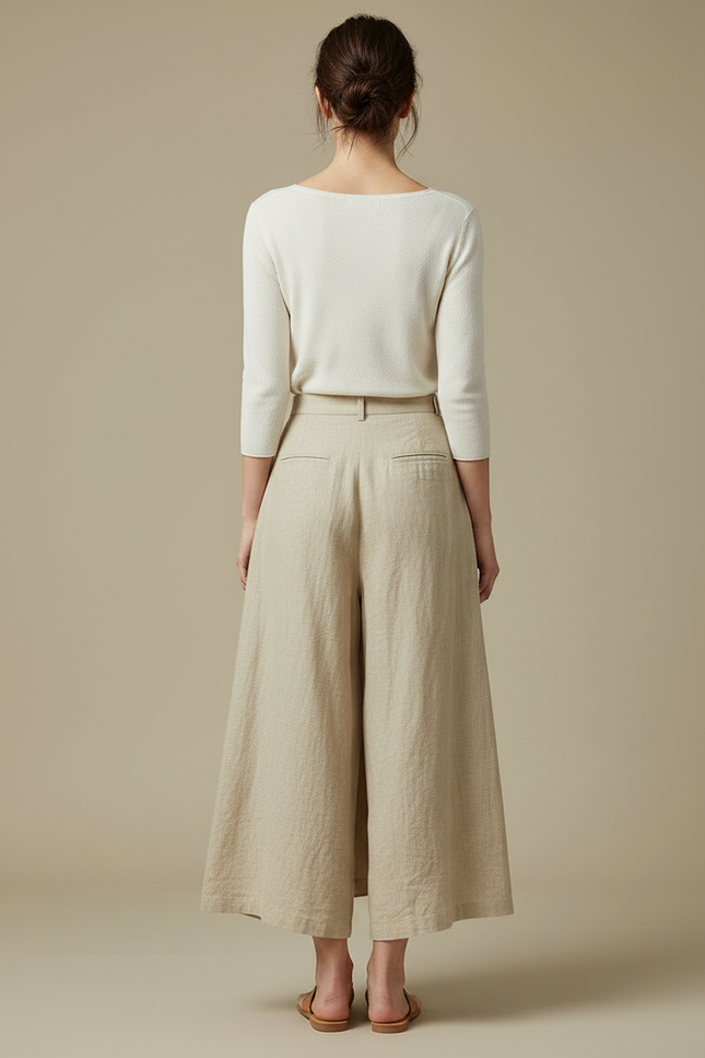 Pantalon Jupe Beige Lin Ample Plissé Élégant Femme - vue 2