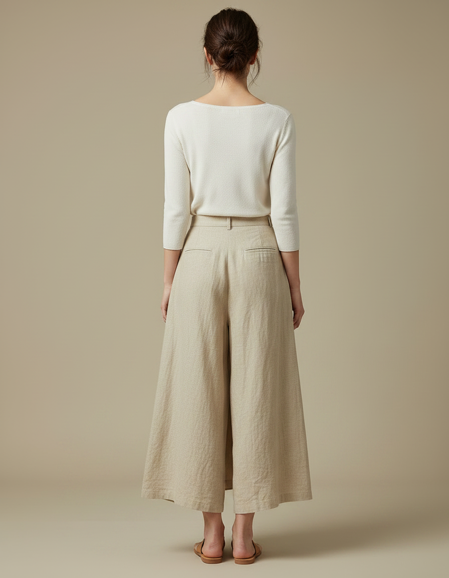 Pantalon Jupe Beige Lin Ample Plissé Élégant Femme - vue 2