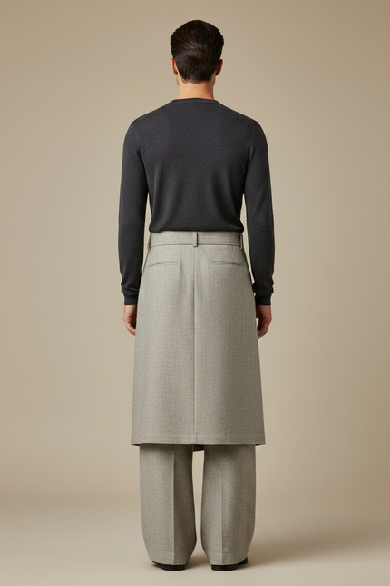 Pantalon Jupe Gris Plissé Ceinturé Ample Asymétrique Élégant - Tweed - vue 2