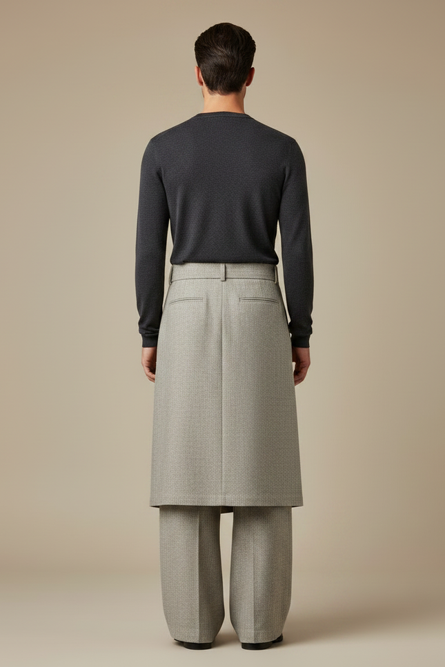 Pantalon Jupe Gris Plissé Ceinturé Ample Asymétrique Élégant - Tweed - vue 2