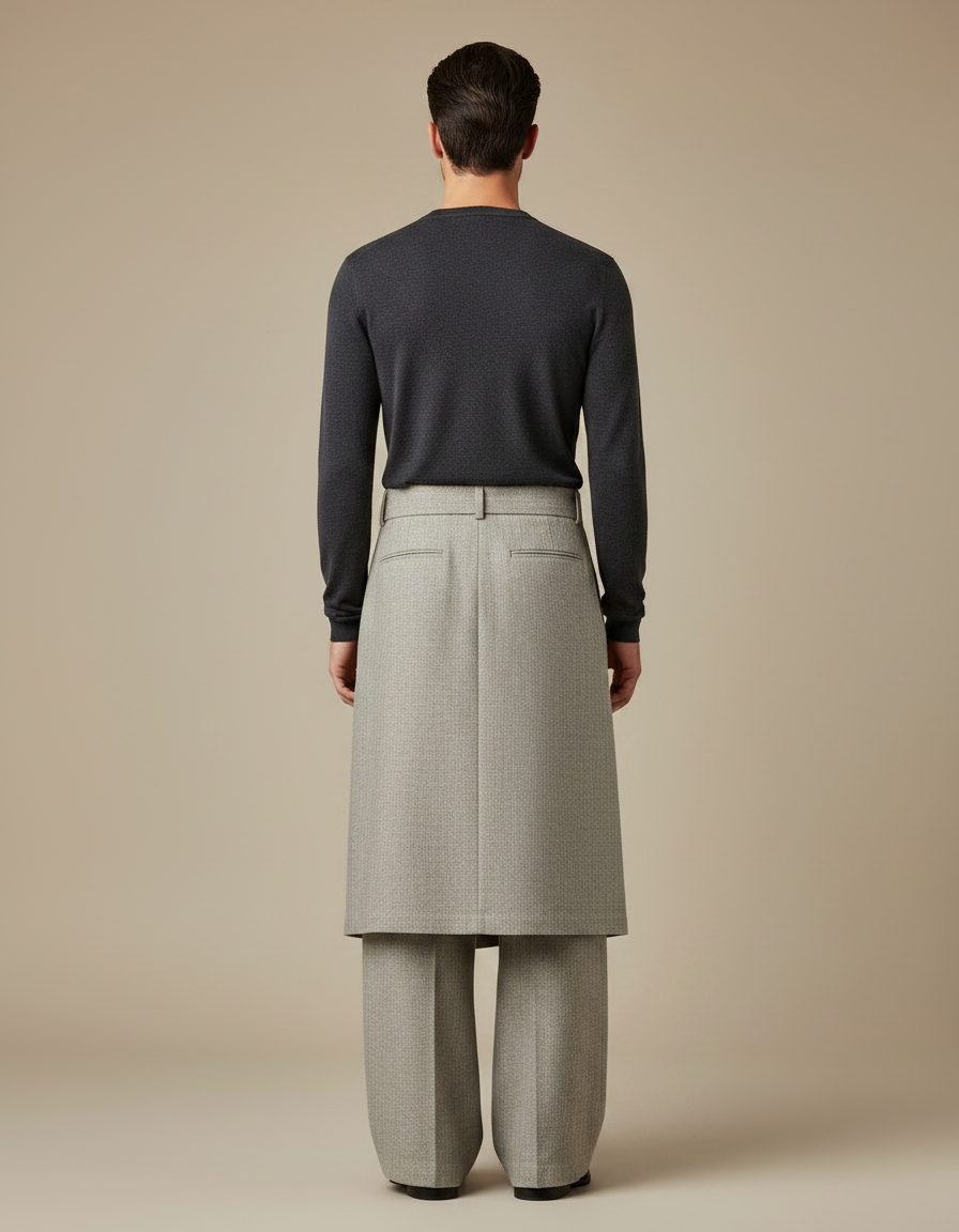 Pantalon Jupe Gris Plissé Ceinturé Ample Asymétrique Élégant - Tweed - vue 2