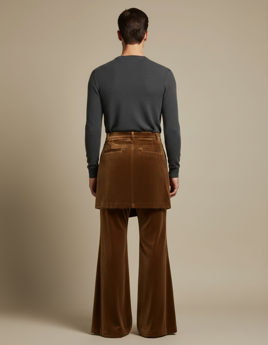 Pantalon Jupe Velours Marron Évasé Rétro Homme - vue 2