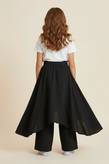 Pantalon Jupe Noir Coton Lin Ample Superposé Fille - vue 2