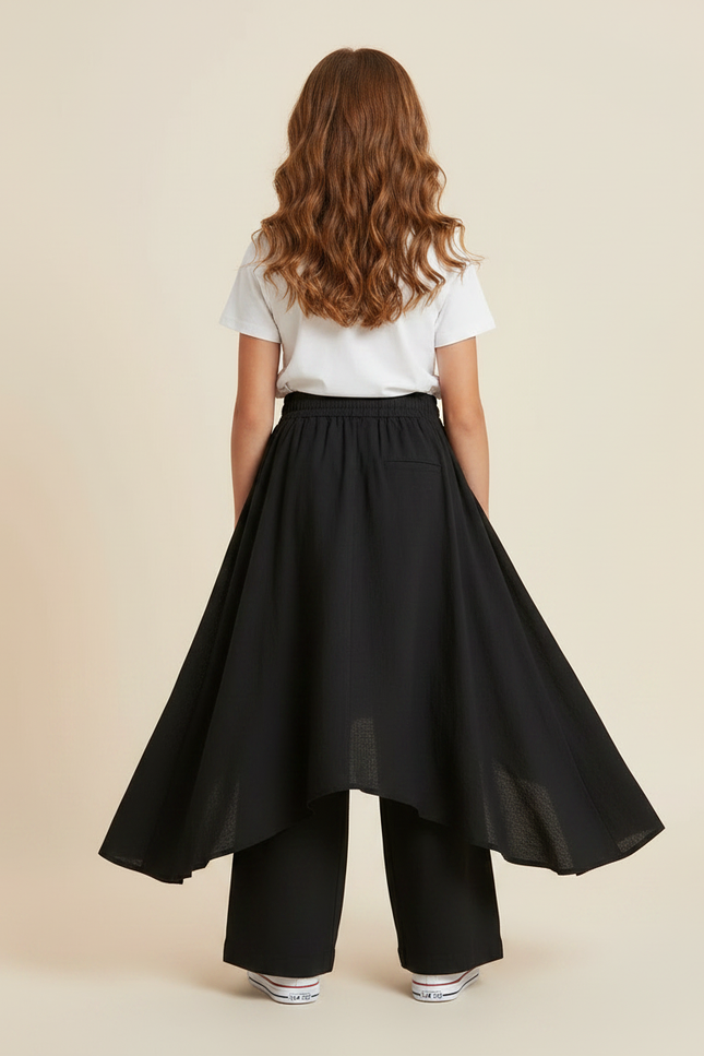 Pantalon Jupe Noir Coton Lin Ample Superposé Fille - vue 2