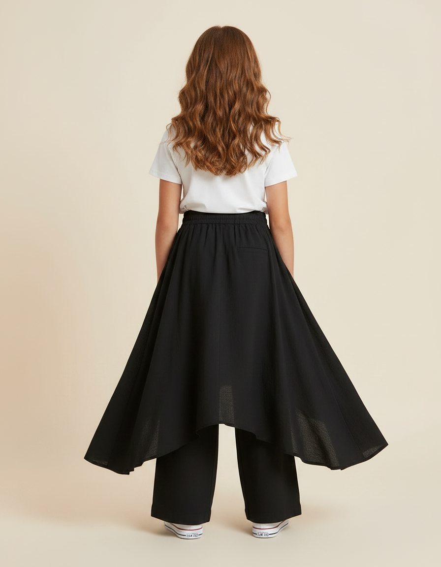 Pantalon Jupe Noir Coton Lin Ample Superposé Fille - vue 2