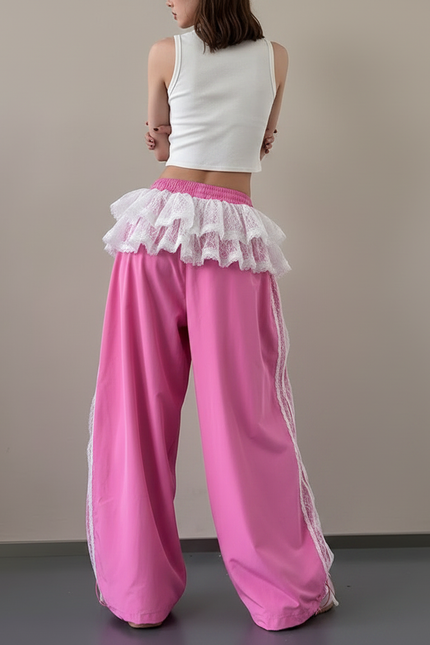 Pantalon Jupe Rose Dentelle Ample Large Fluide - Polyester - vue 2