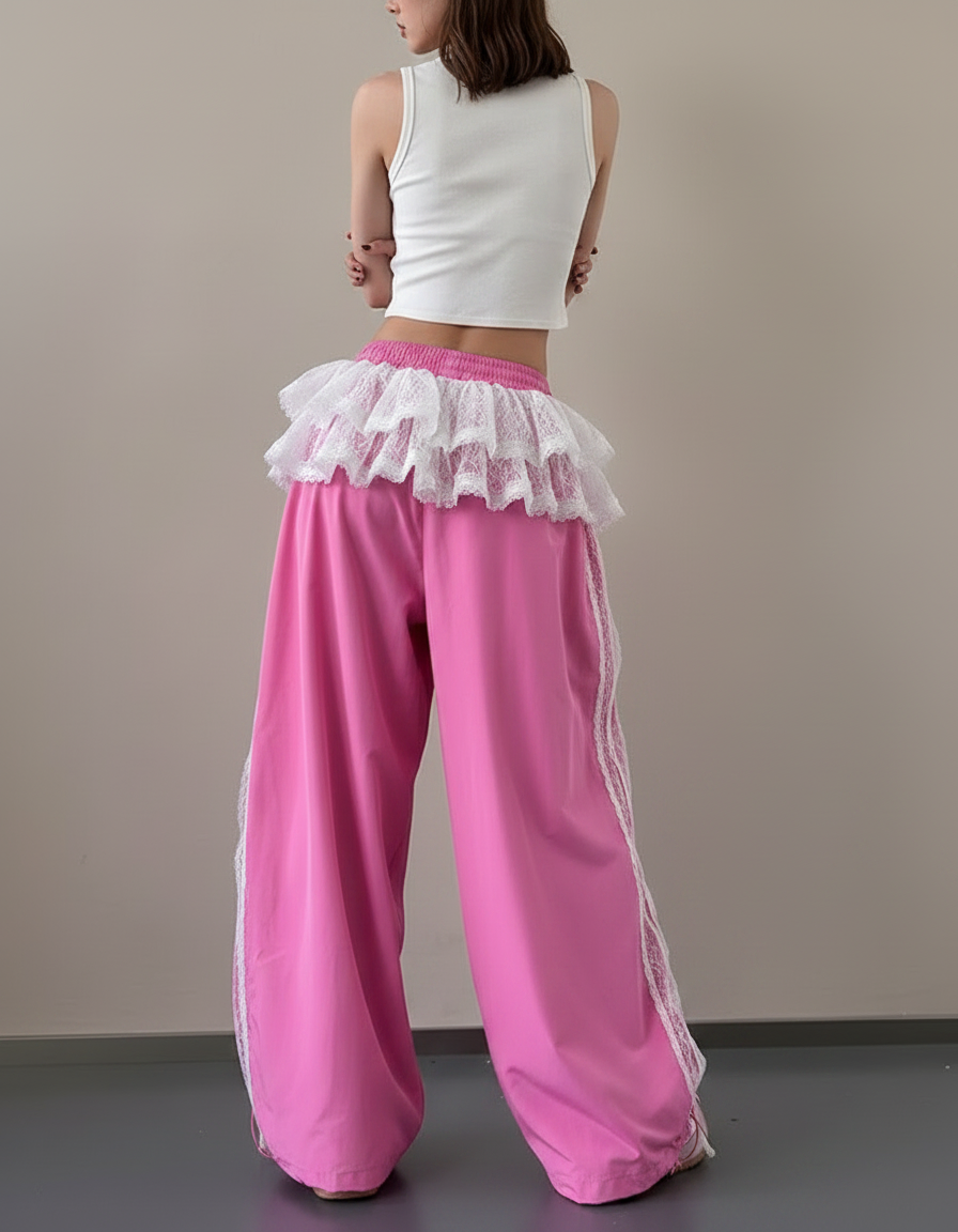 Pantalon Jupe Rose Dentelle Ample Large Fluide - Polyester - vue 2