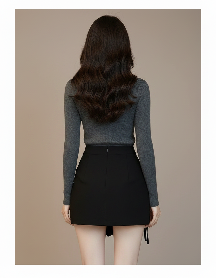 Pantalon Jupe Noir Asymétrique Cordon Élégant Court - Polyester - vue 2